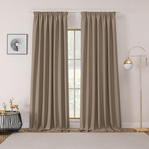 Joydeco Gardinen mit Kräuselband Blickdicht Vorhänge Schienensystem Verdunkelungsvorhang mit Haken Thermovorhang Kälteschutz Schlafzimmer Wohnzimmer 2er Set 245x140cm Sandfarbe