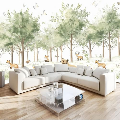 Vlies Fototapete Aquarellmalerei Wald Tiere Grüne Bäume - Foto Tapete Schlafzimmer Wohnzimmer Moderne Vliestapete 200 x 140 cm Wandtapete Motivtapeten Bildtapete 3D Effekt Wand Dekoration