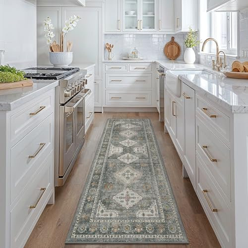 GENIMO Teppich Läufer 80x300CM Waschbare Küchenteppich Kurzflor Tepich für Flur Gang Schlafzimmer, rutschfest Teppiche Gegend Vintage Boho Teppisch, Dunkelgrün