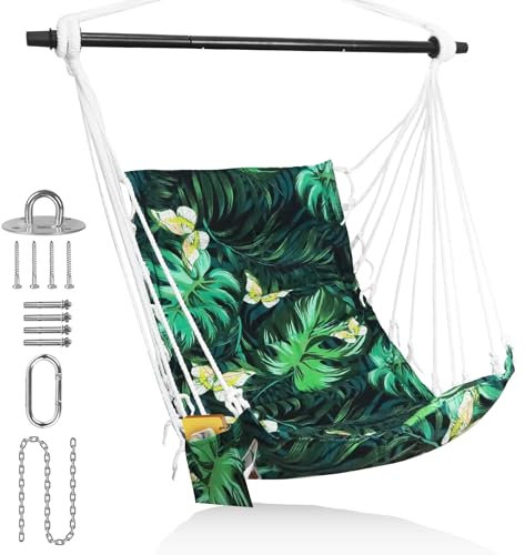 SUNWAY Indoor Hamock Chair with Pocket; Hanging Swing for Adult; Rope Swing with Spreader Bar; Hardware Kit Included; Max 350Lbs for Outdoor, Patio, Bedroom, Porch, Deck Green