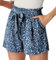 PrinStory Damen Shorts High Waist Kurze Hose Leicht Sommershorts Gürtel Breites Bein Strandshorts Mit Taschen (Blau Weiße Blume,L)