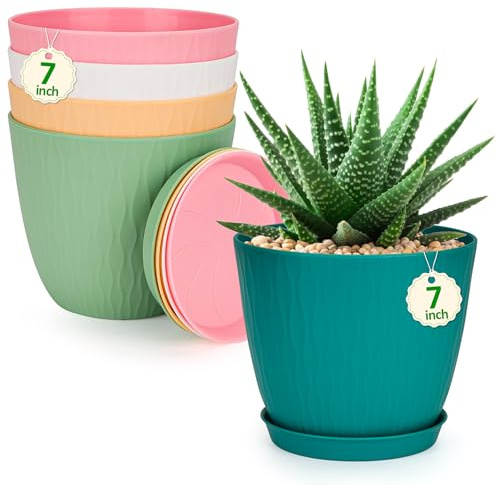 CSYY Plant Pots Indoor, Plastic Planters with Drainage Holes and Saucer, Decorative Stripe Grooves Flower Pots for Indoor Outdoor Houseplants (Colorful, 7in)