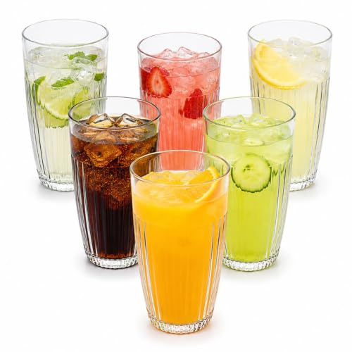UHL 550ml Clear Acrylic Tumblers, Set of 6 BPA-Free Highball Drinking Glasses, Reusable Water Cups, Shatter-Resistant Drinkware for Juice Cola Iced Tea Cocktails, Tall Plastic Cups - Ribbed Design