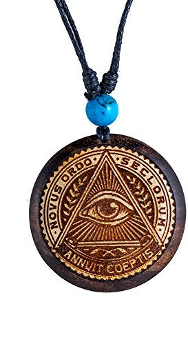 CHICNET Damen Herren Halskette Kette Holzkette Halsschmuck mit Holz Anhänger in rund aus Sonoholz Holz und Baumwolle, mit Türkis Stein, Gravur, Gold Silber bemalt, verstellbar Allsehendes Auge Gold
