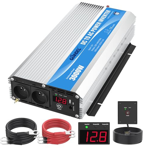 GIANDEL Convertisseur 12V 220V 3000W Onduleur à Onde Modifiée Transformateur Compatible Lithium-Batterie pour La Maison, RV, Camion, Hors Réseau Solaire avec 30 Pieds Télécommande Affichage LED