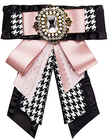 Ototon Cravate Broche Femme Bijoux Noeud Papillon avec Strass Ruban Dentelle Multicouche Vintage Accessoires de Décoration pour Vêtements Cadeau de Fête (Rose)