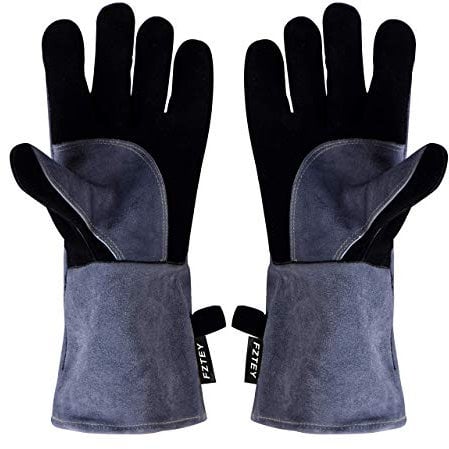 FZTEY Thickening Welding Gaunlets, Cut&Fire&Heat Resistant Leather High Temperature Thermal Safety Protective Oven&BBQ Gloves, Heavy Duty Gardening Work Gloves for Men&Women&Ladies. (Grey 14 inc 35CM)