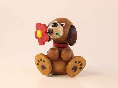 Ulrich Kunsthandwerk Holztier Hund Lumpi mit Blume Breite 6,5 cm x 7,0 cm NEU Holzfigur Miniatur