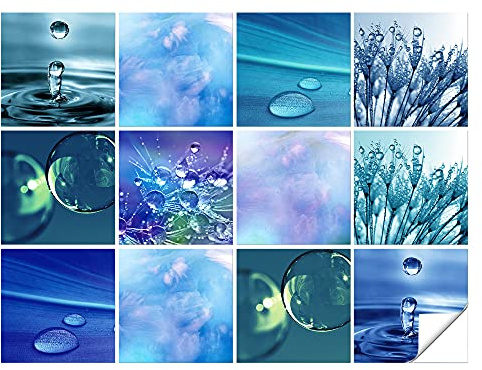 GRAZDesign Fliesenaufkleber Blau, 12 Stück 9,5 x 9,5 cm, wasserfest | 12 wasserfeste Fliesenaufkleber mit blauen Wasser-Motiven