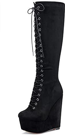 NobleOnly Scarpe col Tacco Donna Plateau Zeppa Stivali Metà Polpaccio Cerniera Lacci Wedge Boots 16CM High Heels Nero Scamosciato Scarpe EU 41