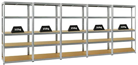 PROREGAL Mega Deal 5er-Set Schwerlastregale Slim Elephant 180x90x45cm mit 5 Ebenen Fachlast 350kg Verzinkt