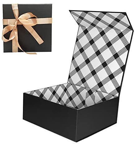 Tekhoho Schwarze Geschenkbox 21.5x21.5x9 cm, Premium Geschenkbox mit Magnetdeckel und Schleife für Feiertage Hochzeit Geburtstag Geschenkverpackung, Kariertes Futter