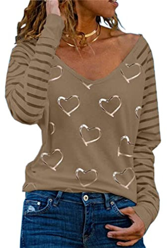 DEBAIJIA Mujer Manga Larga Blusa Camisetas Cuello en V Botones Casual Tops Elegante Sexy Holgada Primavera Otoño (A-Caqui-3XL)