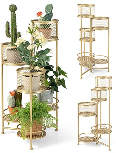 COSTWAY Support de Plantes Pliant en Métal 6 Niveaux Dorées Charge 10KG, Support de Pot de Fleurs avec 3 Pots et 3 Plateaux Ajourés pour Coin de Balcon Salon, 41 x 39 x 82 cm (Or)