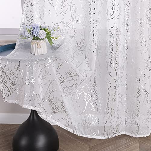 Delien Gardinen mit Kräuselband Modern Gardinenschals Wohnzimmer Transparente Fenster Gardinen Laudhaus Vorhang mit Zweige Muster »Äste« Dekoschals Flächenvorhänge 1 St. Silber,BxH 140x245cm