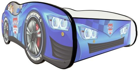 Topbeds Kinderbett Auto 140 x 70 cm Racing Car - Dogs Adventure LED Blue - Autobett, Kinder Bett - Holzbett Baby Kinder - Kinderbett Junge - Bett für Kleinkinder