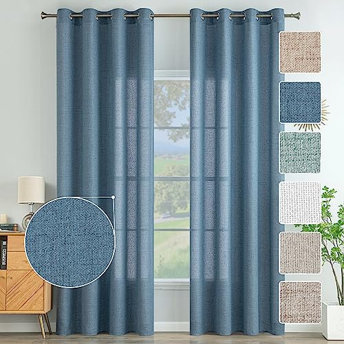 MIULEE Wohnzimmer Vorhänge Gardinen Leinen Ösenvorhang Leinenoptik Vorhang Boho Gardine mit Ösen Semi-transparent Leinenvorhang Curtains 2er Set HxB 225x140 cm，Blau