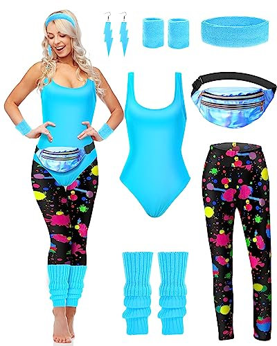 Hercicy 7 Stück 80er Jahre Workout Kostüm 80er 90er Jahre Gymnastikanzug Leggings Stirnband Armbänder Beinwärmer Ohrringe Bauchtasche, Süßes Neon, M