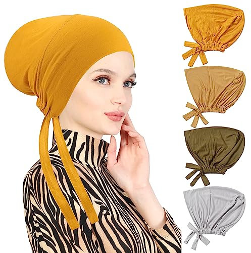 PHOGARY 4 Stück Frauen Undercap Hijab, Islamische Muslimische Unterschal Hijabcap mit Tie Back Closure Solid Color Unter Schal Hijab Mütze Turban Kopfbedeckung Chemo Kopftuch Schlafmütze (D)