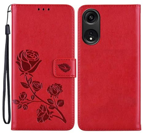 GOKEN Cover per Oppo A18 4G / Oppo A38 4G, Custodia Flip TPU/PU Portafoglio Pelle con Stand/Carte Slot, Chiusura Magnetica 3D Rosa Telefono Case Custodie, Rosso