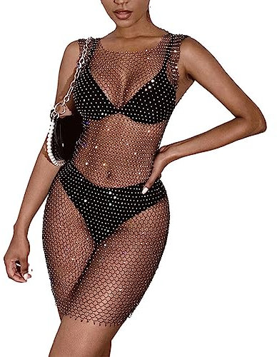 CLSSLVVBN Stripper Club mujeres Fishnet vestido por encima de la rodilla bailarina de barra Sexy strass vestidos transparentes traje de baile de regazo femenino, Negro, METRO