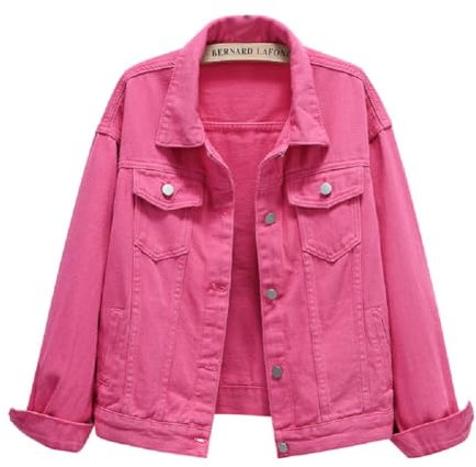 Lazutom Veste en jean basique boutonnée à manches longues pour femme, rose rouge, 44