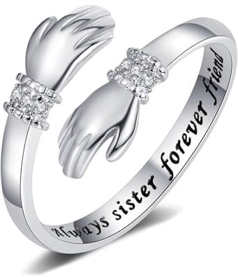 Yifnny Umarmungsring, Verlobungsring Gravierte Worte Umarmung Hände Offener Ring Verstellbar Ring Mutter Geschenk für Männer und Frauen Schmuck (Always sister forever friend)