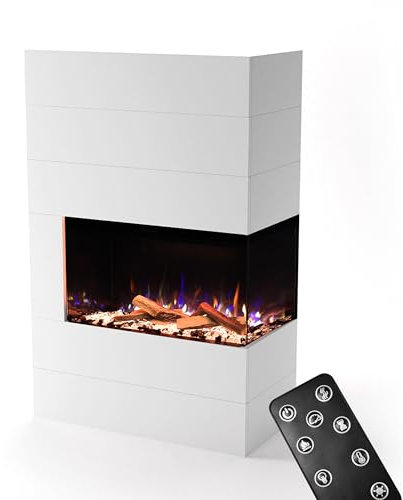 GLOW FIRE Kaminofen Portia rechtsoffen mit realistischem 3D E-Motion LED-Feuer - Stand-Elektrokamin mit Heizung und Kaminfeuer, Knistereffekt & Timer, max. 1500 W, 140x90x45, Weiß