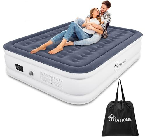 YITAHOME 2x1,5m Luftmatratze 2 Personen, Selbstaufblasend Luftbett mit Integrierter Elektrischer Pumpe, Aufblasbare Matratze Bett mit Tasche und Reparaturflicken für Gästezimmer, Weiß/Blaugrau