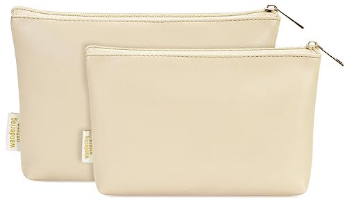 2 Pièces Petit Pochette Trousse de Maquillage avec Fermeture Éclair Sac à Cosmétiques Hydrofuge en Cuir Végétalien pour Voyage, Beige (Brevet en Instance)