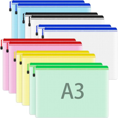 Smarpau Plastic Wallets A3-12PCS A3 Zip Wallets Plastic Folders Large Document Folder Mesh Zipper File Bags for School Office Travel Storage (6 Colour)