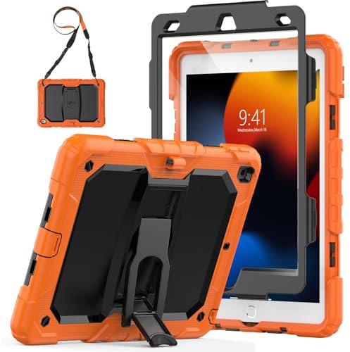 SEYMAC Funda para iPad 9/8/7 Generación 2021/2020/2019, Funda a Prueba de Golpes con Protector de Pantalla, Soporte para bolígrafo, Funda para iPad de 9ª generación para niños, Naranja