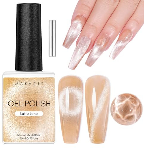 Makartt Cat Eye UV Gel - 10 ml Glitter Gel for Nails with Cat Eye Magnetic Stick Soak Off Magnetic UV Nail Polish DIY Manicure at Home Nail Art Design Valentine's Day Gift, Latte Lane