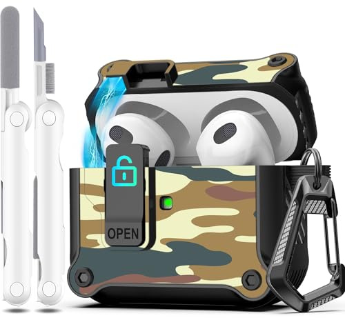R-fun per AirPods 3a generazione 2021 Custodia, protezione completa contro la caduta, copertura automatica per Apple Airpod 3 con kit di pulizia e portachiavi,Mimetizzazione deserto