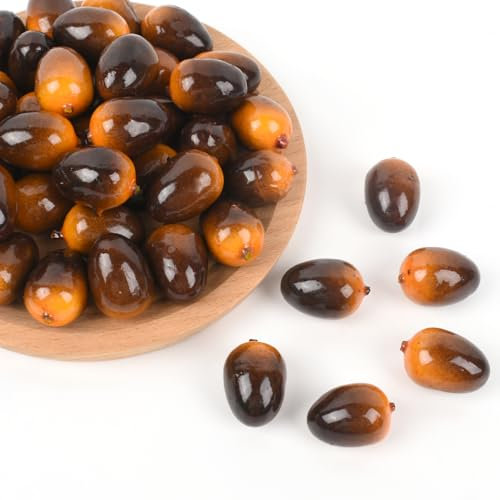 Luckforest Olive artificiali, 50 pezzi di olive finte realistiche, in schiuma, frutta per casa, cucina, armadietto, fotografia, oggetti di scena, marrone