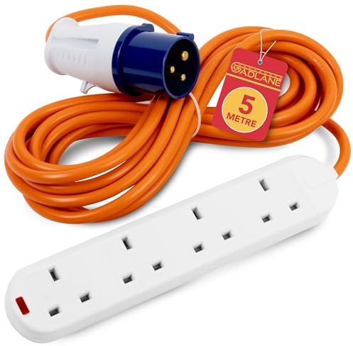 GADLANE Camping Electric Hook Up Cable - Heavy Duty 5 Metre, 4 Gang Electric Hook Up for Camping, Mobile Homes, Refrigerated Vehicles - High Visibility 16A Caravan Extension Lead (5M)