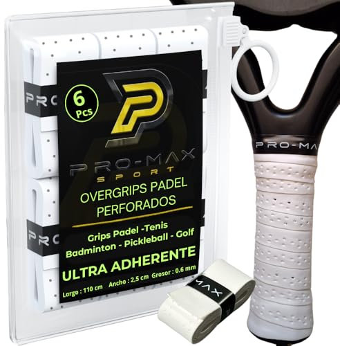 PRO-MAX SPORT Overgrips Padel Extra Adherente Perforados Blanco Pack 6/10 /50 Alta Absorción Sudor Cinta Agarre Antideslizante Grip Padel Pro Sobregrip Raqueta Tenis Durabilidad Accesorios Padel (6)