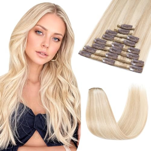 Rich Choices Clip in Extensions Echthaar 8 Stück Clip Extensions 40cm #18/613 Blonde Strähnchen Unsichtbare Haarverlängerung Echthaar Clip ins Remy Seidig Gerade Natürlich - Dünne Tressen