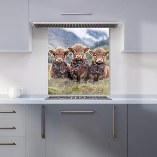 Premium Trio Of Baby Highland Cows Kitchen Splashback 6mm Toughened Glass Kitchen Splashback – Heat Resistant Splashback for Kitchens, Perfect for Cookers and Hobs, Polished Edges