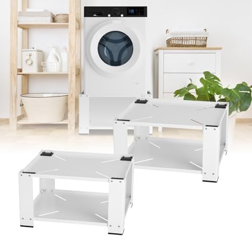 Fiqops 2x Waschmaschinen Untergestell mit Ablage bis 150kg, Waschmaschinen-Unterschrank, stabiler Waschmaschinensockel als Unterbau auch für Trockner, Kühlschrank, 60.6x60.6x40cm weiß