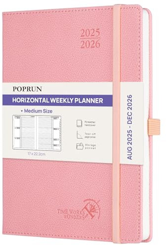 POPRUN Kalender 2025 2026 Horizontale Wochenplaner (Aug.2025-Dez.2026) – ca.A5 Terminkalender mit PU-Leder, 17-Monats-Organizer,1 Woche 2 Seite, stabilem Hardcover, Zartrosa