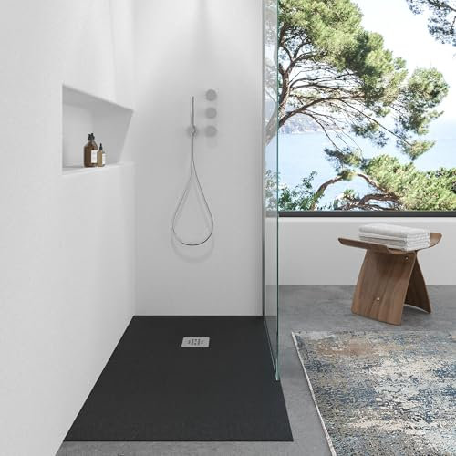 VAROBATH | Plato de Ducha NOLITA – Material Resina con Carga Mineral y Textura Pizarra Antideslizante C3 – Incluye Válvula Desagüe y Rejilla (NEGRO RAL-9005, 80X180)