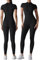 SEAUR Yoga Jumpsuit Damen Lang Sport Overall Kurzarm Bodycon Bodysuit 1/2 Zip Eng Einteiler Strampler für Gym Fitness Jogging - XL