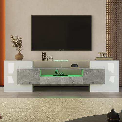Hochglänzendes TV-Schrank 200 cm lang TV-Ständer mit LED-Beleuchtung Glasoberfläche TV Lowboard mit Türen Offenen Regalen Schublade TV Möbel für Schlafzimmer Grau