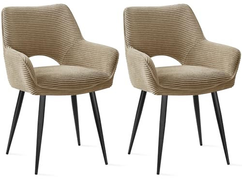 JIJIAN 2er Set Esszimmerstuhl mit Armlehne, Küchenstuhl, Moderner Polsterstuhl mit Stoffrückenlehne für Küche, Esszimmer, Schlafzimmer, Braun