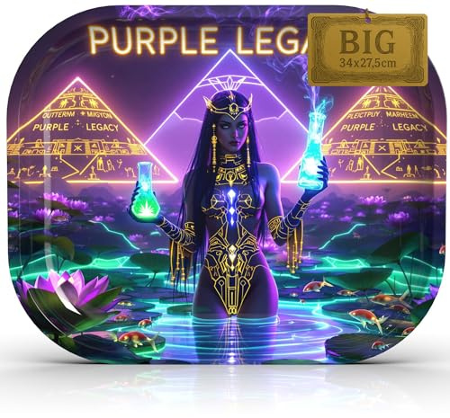 PURPLE LEGACY® Unterlage 34 × 27,5 × 2,7 cm | Metallblech | Ägyptisch-Cyberpunk-Design | Praktisches Tablett mit abgerundeten Ecken (Lotus Magic Big)