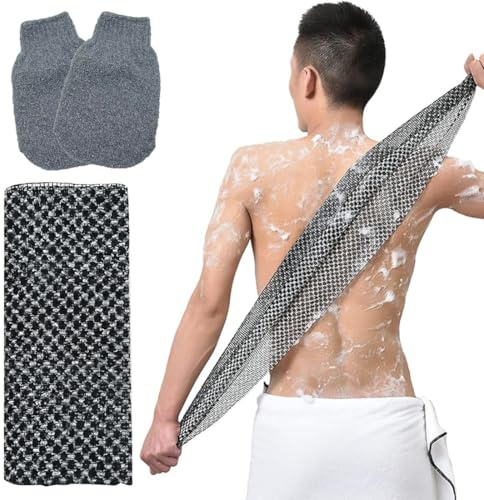 FENQURO 3 Stück Peeling-Rückenschrubber Badehandschuhe-Set, Peeling-Duschtuch mit Duschhandschuhen für Körperpeeling, Rückenreiniger, Waschhandschuhe zum Entfernen abgestorbener Haut