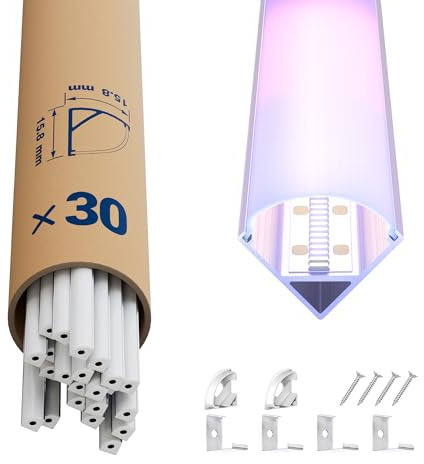30x Profilé Alu d’Angle pour Rubans LED 2M (60m) – Goulotte LED aluminium 2 mètres avec capot opale – Idéal pour rubans LED puissants jusqu’à 10.5mm de large