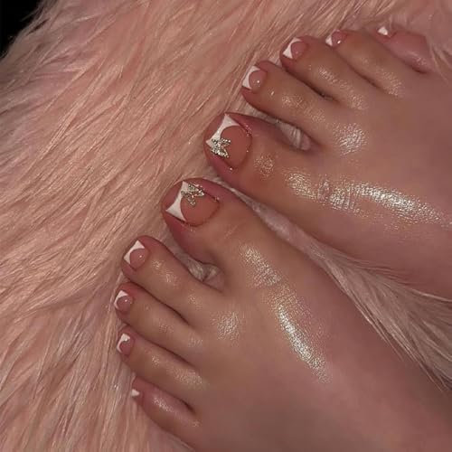 GlamRays 24 Pieces White French Tip Toe Nail Stickers Short Square False Toenails with Butterfly Charm Design Shiny Acrylic