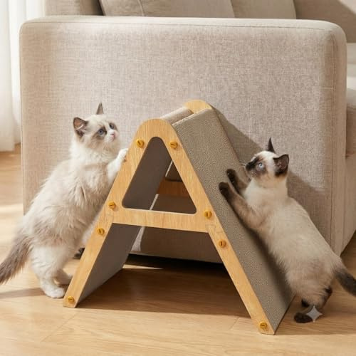 A-Frame Kratzbrett für Katzen – Beidseitig nutzbare Kratzpappe mit Holzrahmen, Kratzliege als Möbelschutz für Sofa & Boden, helles Holz für Wohnungskatzen (1er-Pack)